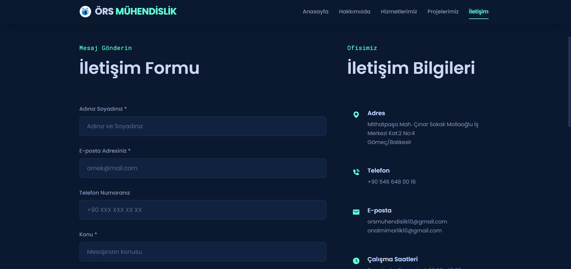 ÖRS Mühendislik web sitesi ana sayfası